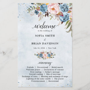 Dusty Blue Peach Blush Botanical Wedding programa