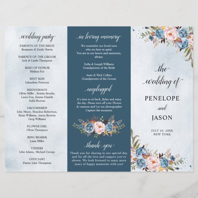 Dusty Blue Peach Blush Botanical Wedding programa (Frente)