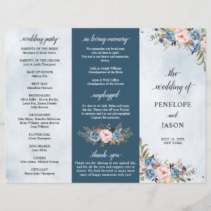 Dusty Blue Peach Blush Botanical Wedding programa