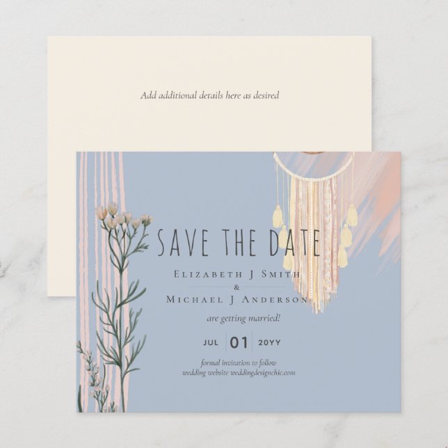 Dusty Blue Peach BOHO Casamento Salve as Datas (Frente/Verso)