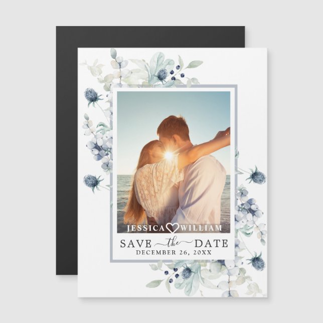 Dusty Blue PHOTO Save the Date Magnetic Card (Frente/Verso)