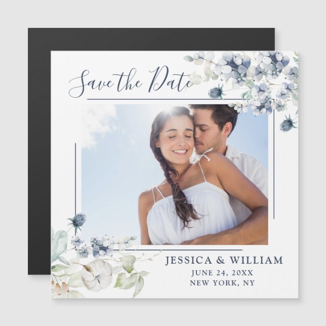 Dusty Blue PHOTO Save the Date Magnetic Card (Frente/Verso)