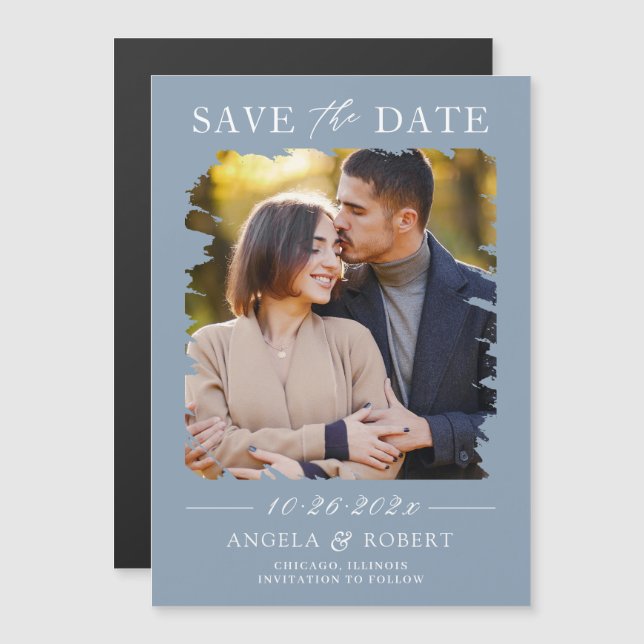 Dusty Blue Photo Save the Date Magnetic Card (Frente/Verso)