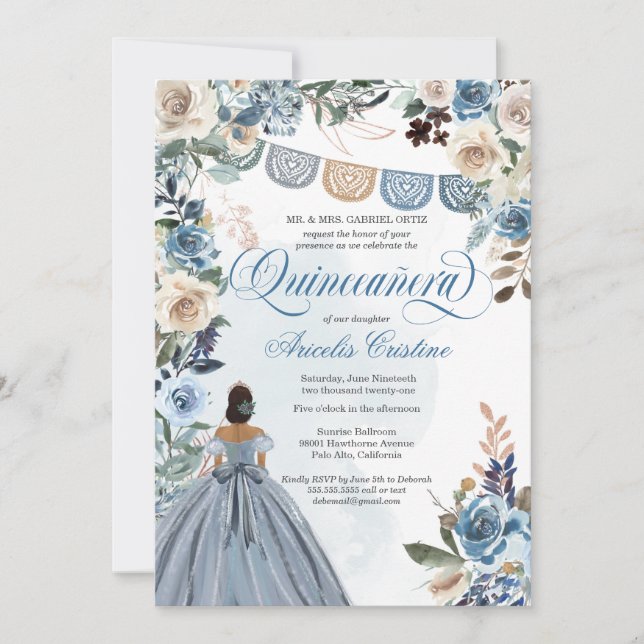 Dusty Blue Rosa Rustic Country Quinceañera Convite (Frente)