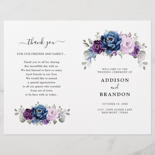 Dusty Blue Roxo Lilac Blooms Programa de Casamento (Frente)