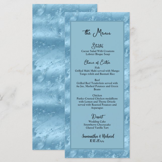 Dusty Blue Silver Marble Glitter 4x9 Menu de Casam (Frente/Verso)
