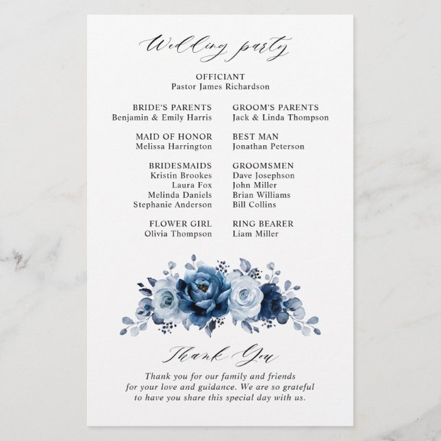 Dusty Blue Slate Marinho Floral Weding Program (Verso)