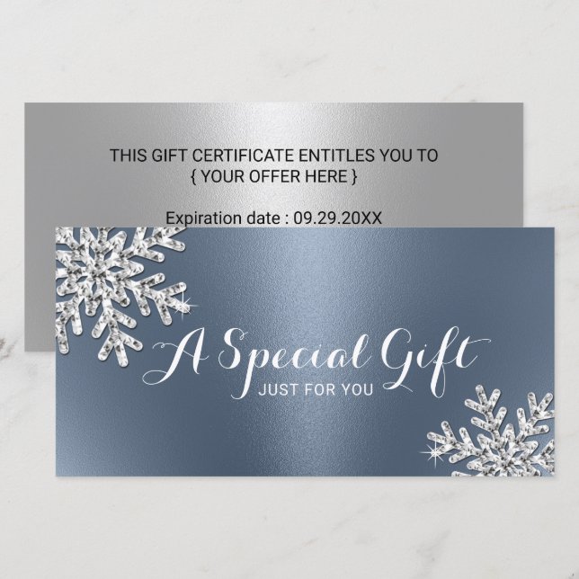 Dusty Blue Snowflake Beauty Salon Gift Certificate (Frente/Verso)