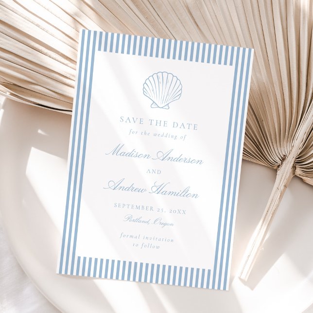 Dusty Blue Stripe Shell Wedding Save the Date (Criador carregado)