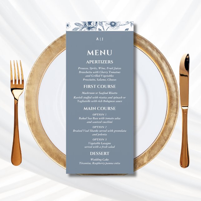 Dusty Blue Vintage Floral French Wedding Menu (Criador carregado)