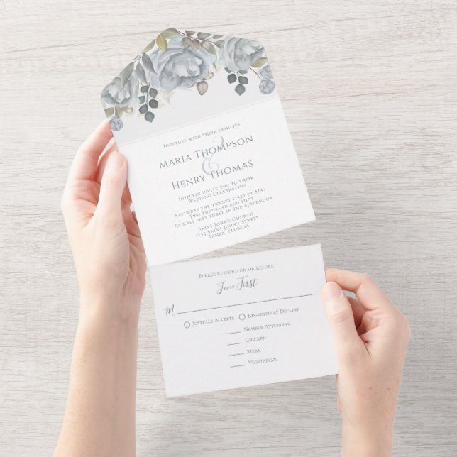 Dusty Blue Watercolor Floral RSVP — Escolha da Ref (Aba destacável)