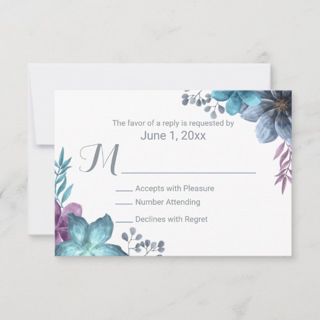 Dusty Blue Watercolor Floral Weding RSVP (Frente)