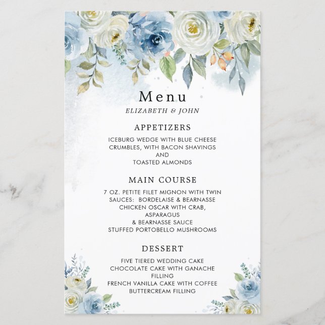 Dusty Blue Watercolor Flowers Menu de Casamento (Frente)