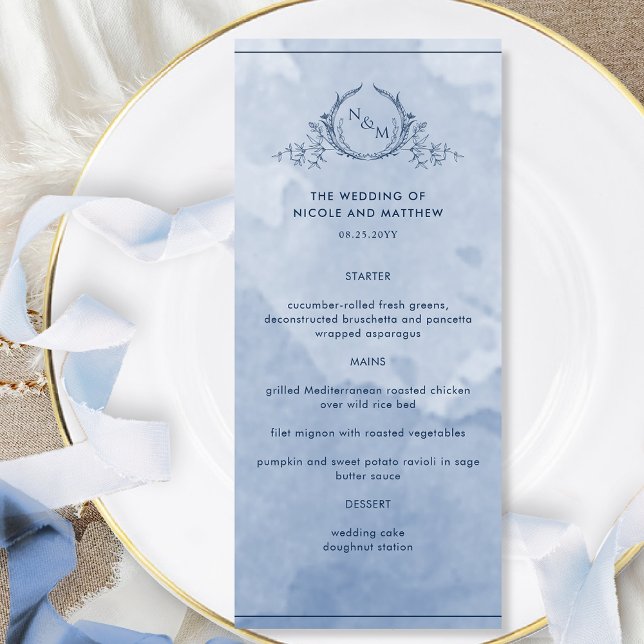 Dusty Blue Watercolor Menu Casamento Monograma (Criador carregado)