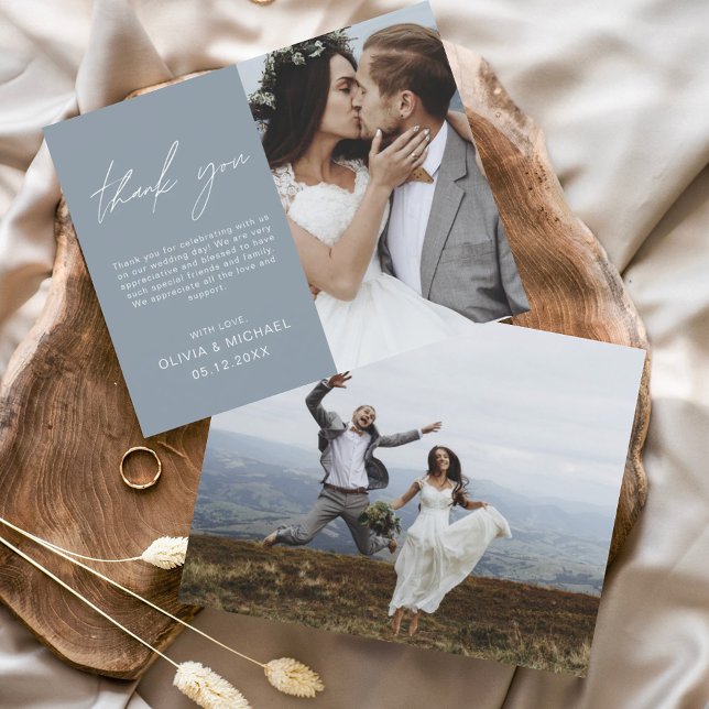 Dusty Blue Wedding Obrigado Foto Cartão Minimalist (Criador carregado)