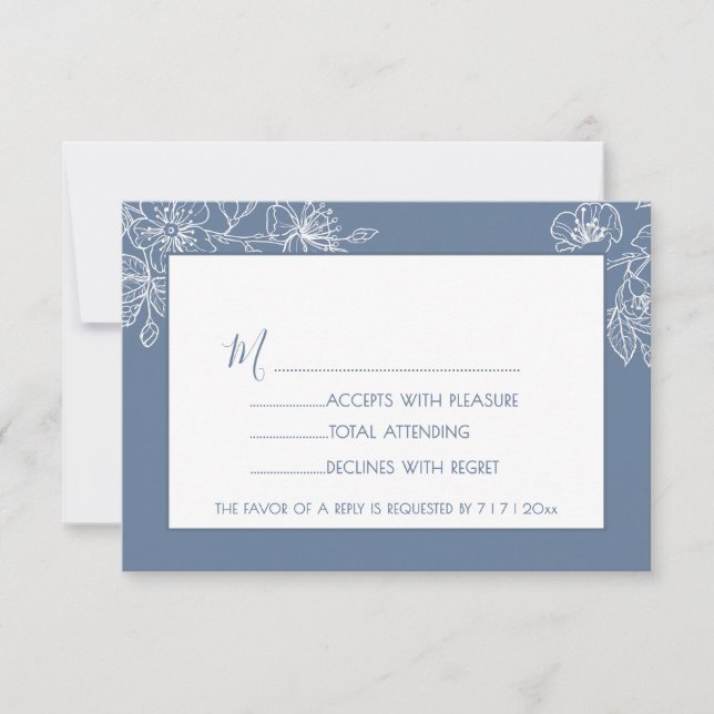 Dusty Blue White Floral Line Art RSVP (Frente)