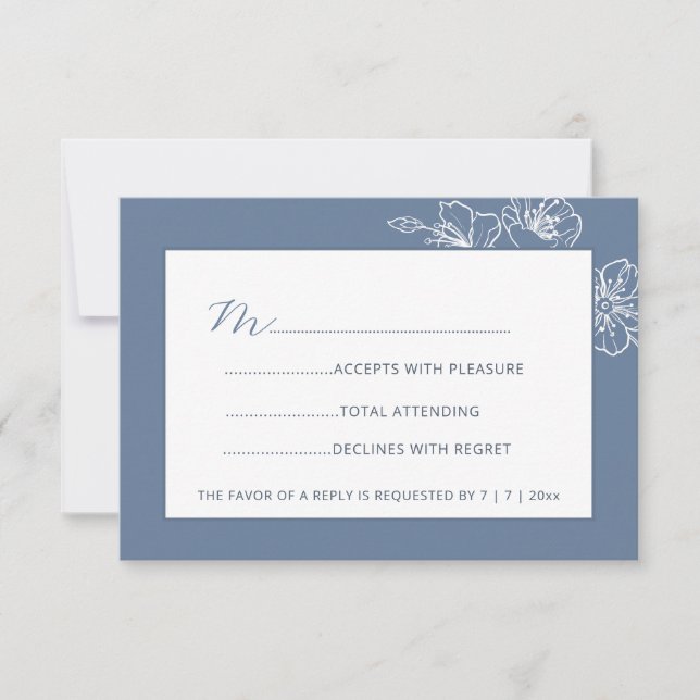  Dusty Blue White Floral Line Art RSVP (Frente)
