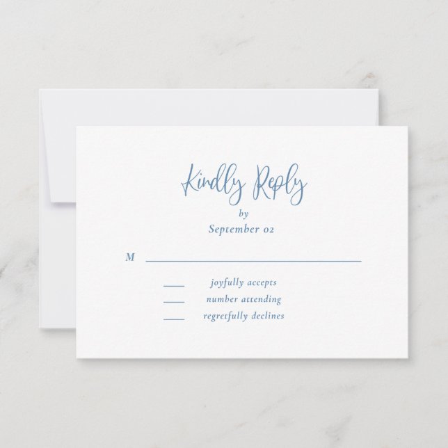 Dusty Blue White Script Wildflower Weddflower RSVP (Frente)