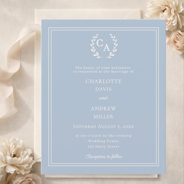 Dusty blue wreath monogram wedding invitation (Criador carregado)
