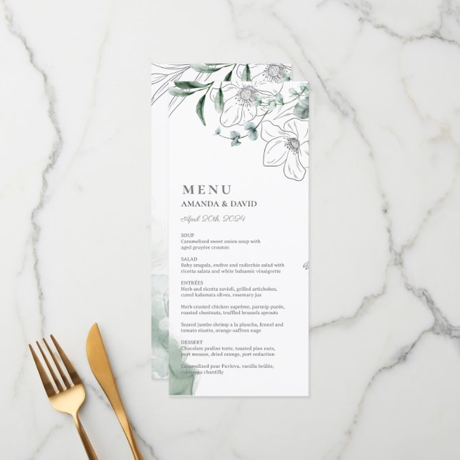Dusty Eucalyptus Greenery Wedding Flat Menu (Frente/Verso In Situ)