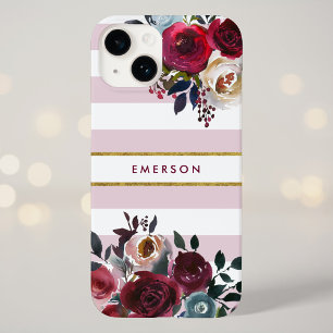 Dusty Pink Boho Floral Stripe Monograma