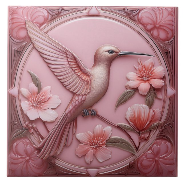 Dusty pink faux relief Art Nouveau Hummingbird R (Frente)