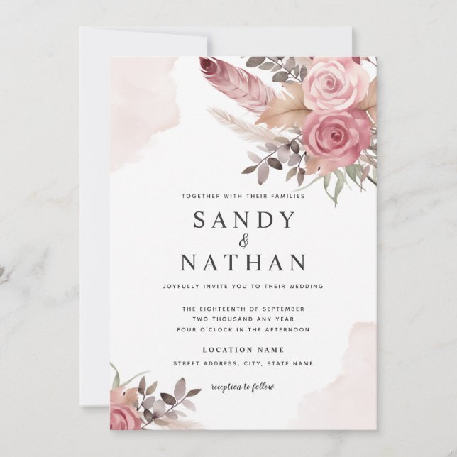 Dusty Pink Rose Boho Flowers Convite De Casamento (Frente)