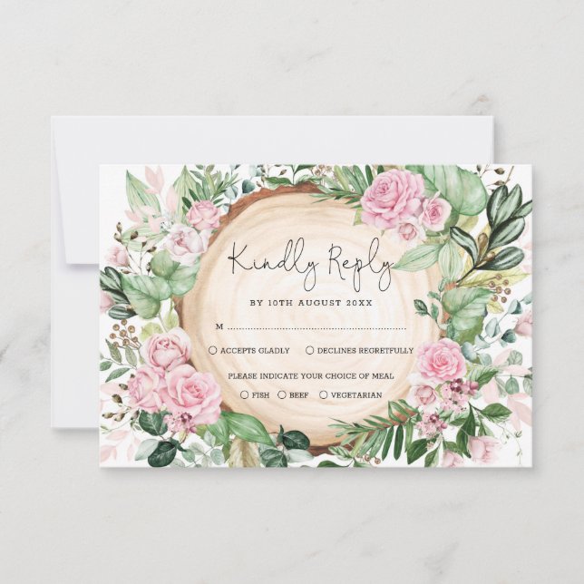 Dusty Pink Roses Greenery Forest Wedy Cartão RSVP (Frente)