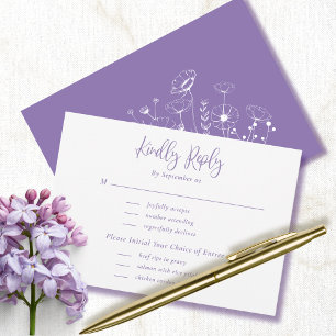 Dusty Purple White Floral Menu Weding RSVP