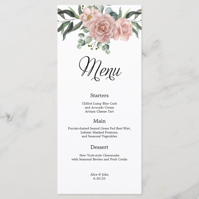 Dusty Rosa e Greenery Floral Wedding Menu (Frente)