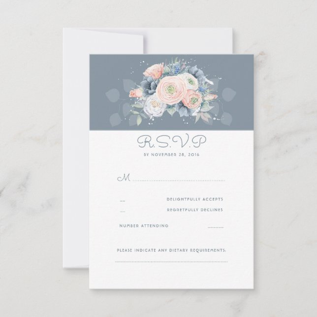 Dusty Rosa e Pale Blue Floral Weding RSVP (Frente)