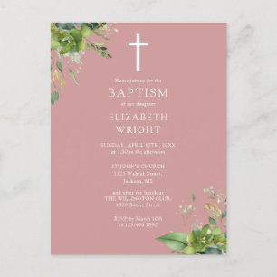 Dusty Rosa Greenery Monograma Baptism Convite