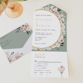 Dusty Rosa Sage Vintage Menu Choice RSVP Wedding