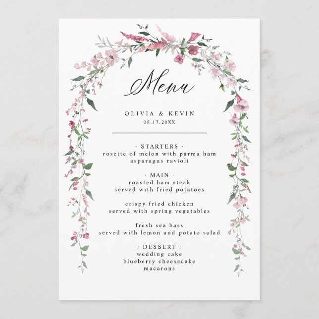 Dusty Rosa Wild Flowers Blush Floral Menu Casament (Frente)