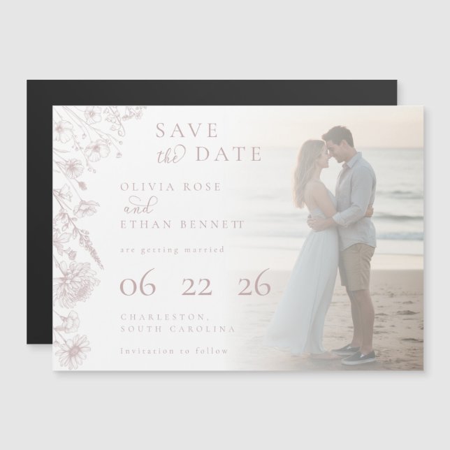Dusty Rose Botanical Photo Wedding Save the Date (Frente/Verso)
