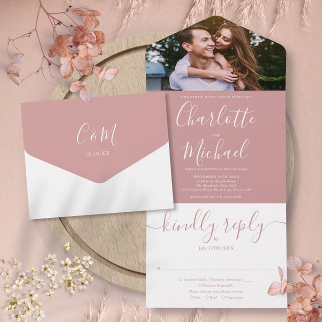 Dusty Rose Moderno Convite de Casamento com Foto e (Dusty Rose Modern Elegant Script Photo Wedding All All In One Invitation)