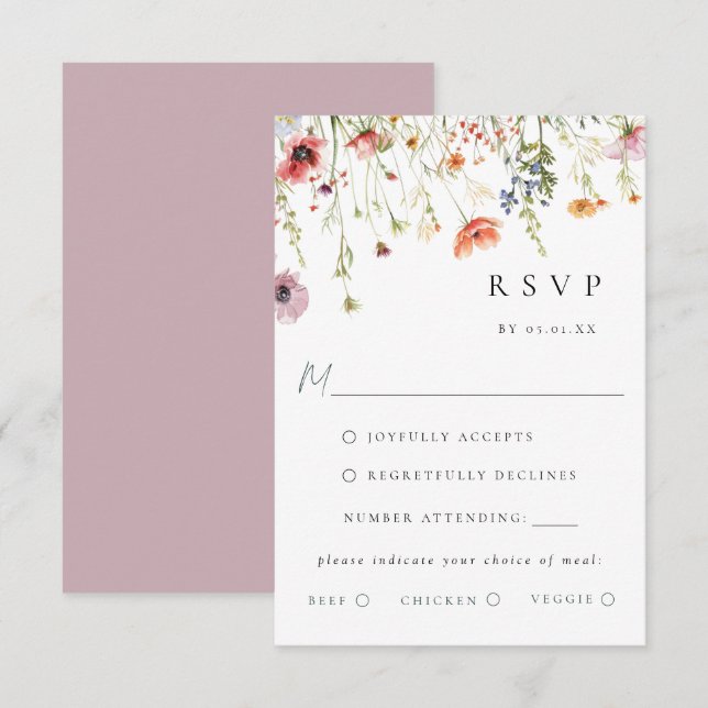 Dusty Rose Wildflower Wedding Meal Choice RSVP (Frente/Verso)