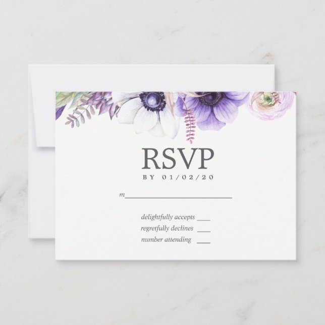 Dusty Violet Wedding Watercolor Floral RSVP (Frente)