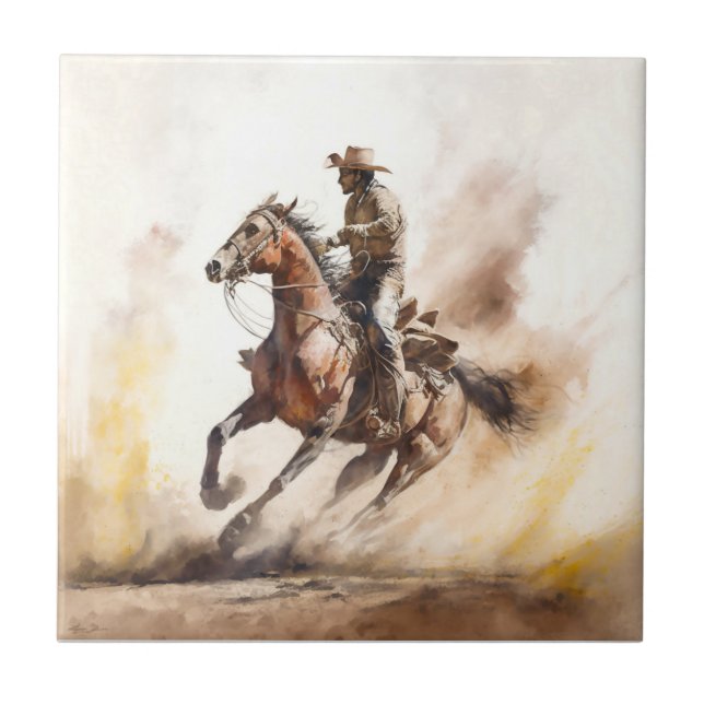 Dusty Western Watercolor Cowboy Correndo Mustang (Frente)