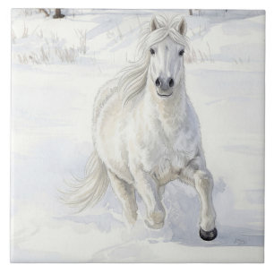 Dyfra o Cavalo Islandês Galopando na Neve