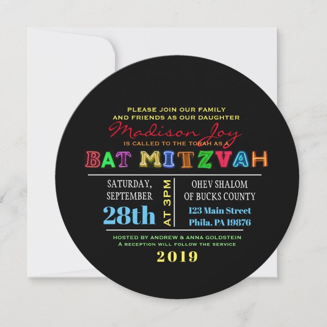 É ELÉTRICO! Convite para Bar Mitzvah NEON GLOW (Frente)