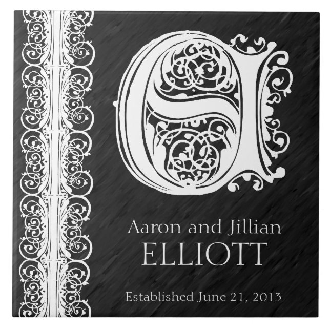 E Monograma Azulejo de Casamento "White Lace on Bl (Frente)