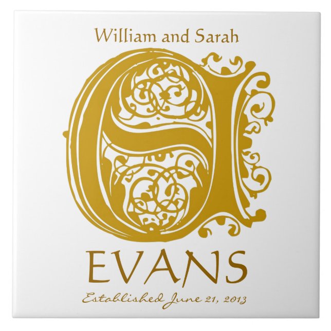 E Monograma Dourado em Branco - Nomes Azulejo de D (Frente)