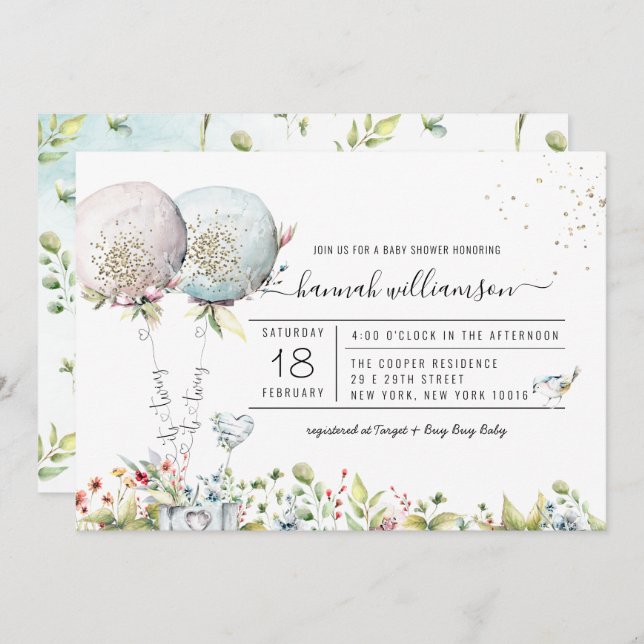 É o convite para Chá de fraldas de Garota Gêmea (Frente/Verso)