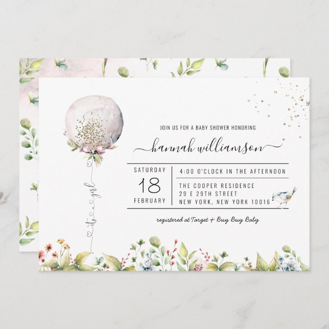 É um Balão de Menina | Convite para chás de fralda (Frente/Verso)