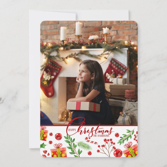 É um cartão de Natal com foto de festividade (Frente)