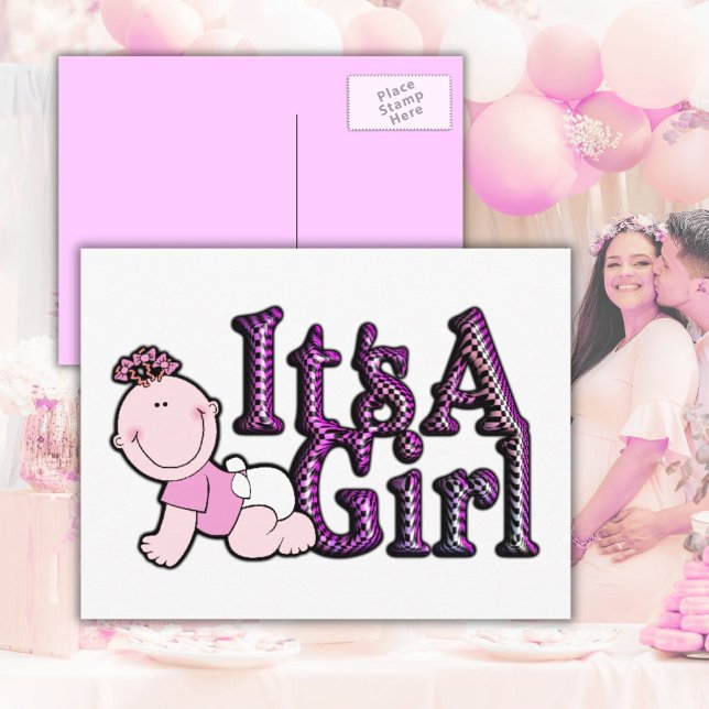 É um cartão postal de anúncio de bebê, cor-de-rosa (It's a Girls | Gender Reveal | Baby Shower Postcard)