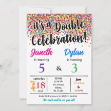 É um convite de aniversário duplo para irmãos