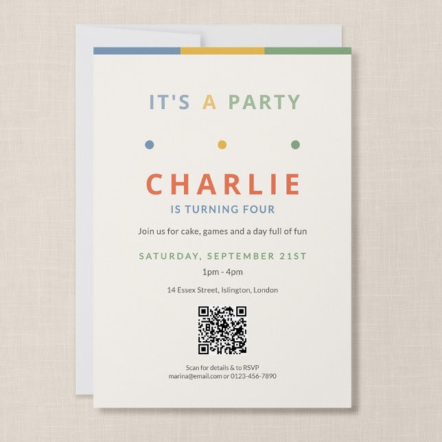 É um Convite de Aniversário Infantil com Código QR (It's a Party - QR Code 5x7" Party Invitation)