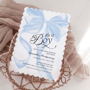 É um Convite de Bebê Menino Azul Coquette Bow